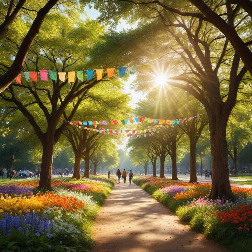 A vibrant community gathering in a warm, inviting park setting, showcasing diverse individuals sharing stories and laughter, surrounded by colorful banners symbolizing support and connection. Include elements of nature like blooming flowers and trees, with subtle rays of sunlight breaking through the branches, evoking a sense of hope and togetherness. super-realistic. vibrant colors. soft focus.