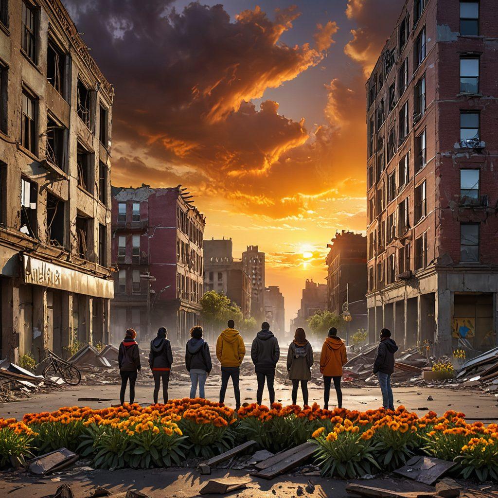 A hopeful sunrise breaking through dark, clouded skies over a dilapidated urban district, symbolizing resilience. In the foreground, a diverse group of people united, standing tall with heads held high, showing determination, with elements of nature like flowers breaking through the concrete. Include vibrant colors to depict a sense of hope and unity. super-realistic. vibrant colors.