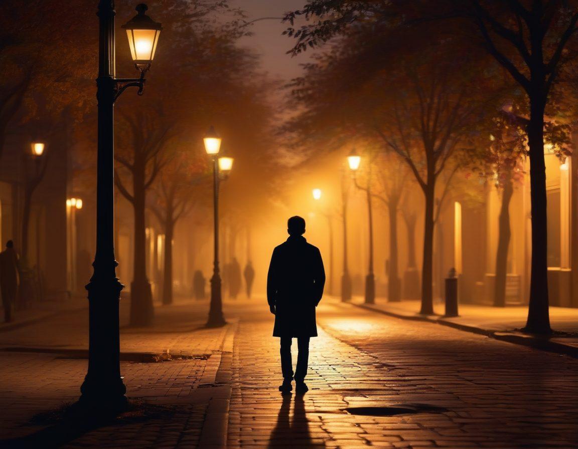 A silhouette of a person standing under a street lamp at dusk, surrounded by dark, shadowy figures, conveying a sense of loneliness yet hope. A warm, golden light illuminates the person's face, signifying resilience and optimism. Include subtle hints of community, like blurred faces in the background supporting each other. The scene captures a reflective atmosphere with a blend of dark and light contrasts. super-realistic. moody colors.